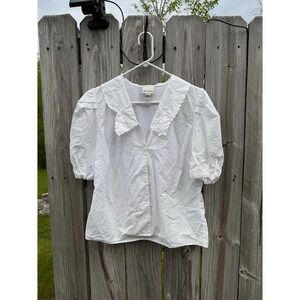 Industry White Cotton Embroidered Scallop Peter Pan Collar Puff Sleeve Blouse L